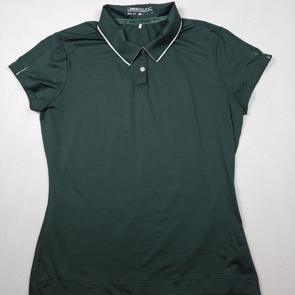 Nike Golf Dri Fit Polo Women's Medium Short Sleeve 2‎ Snaps Green Black Stripes - Picture 1 of 6
